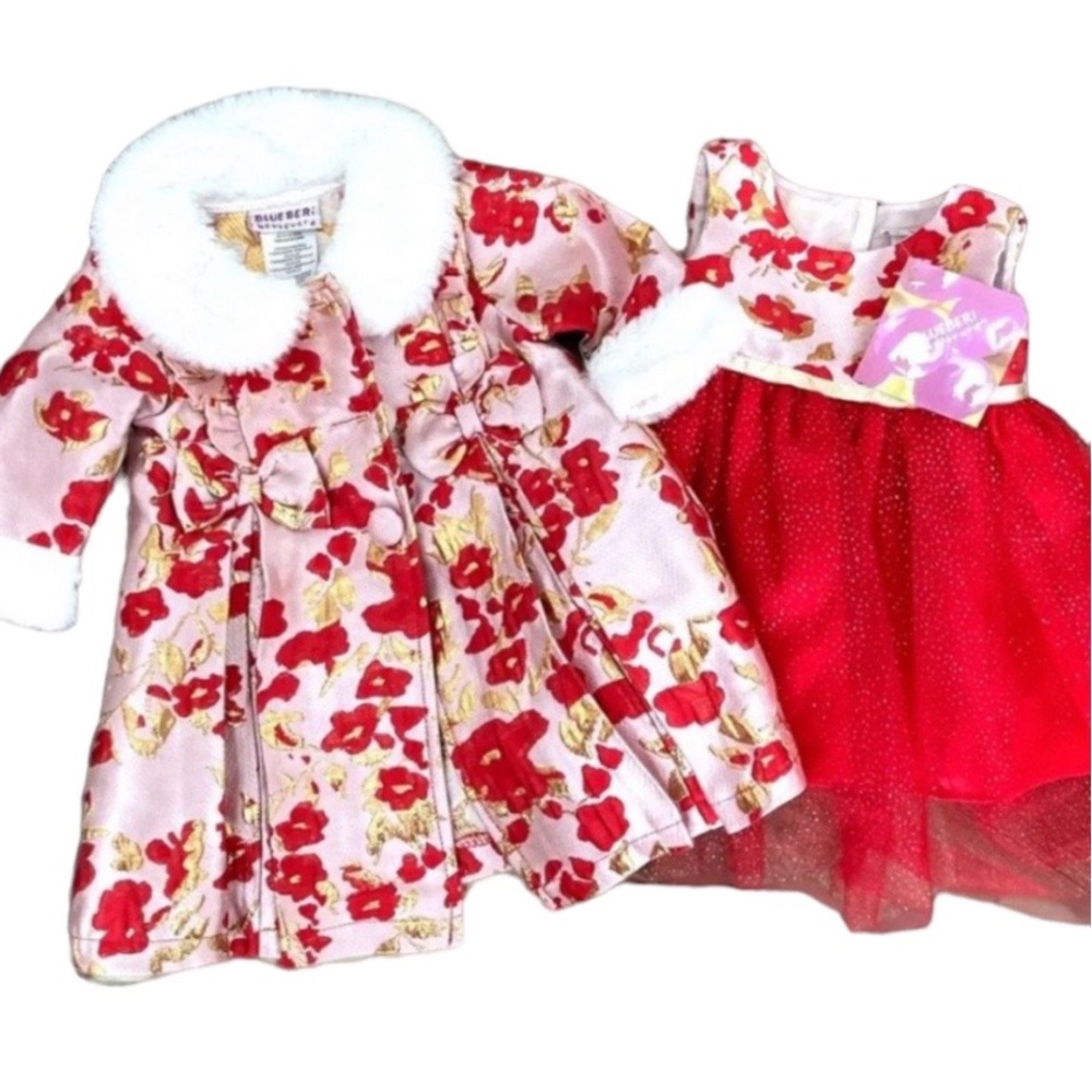 Nwt Blueberi Baby Girls 3M Red Metallic Gold Floral Dress Coat Jacket Christmas